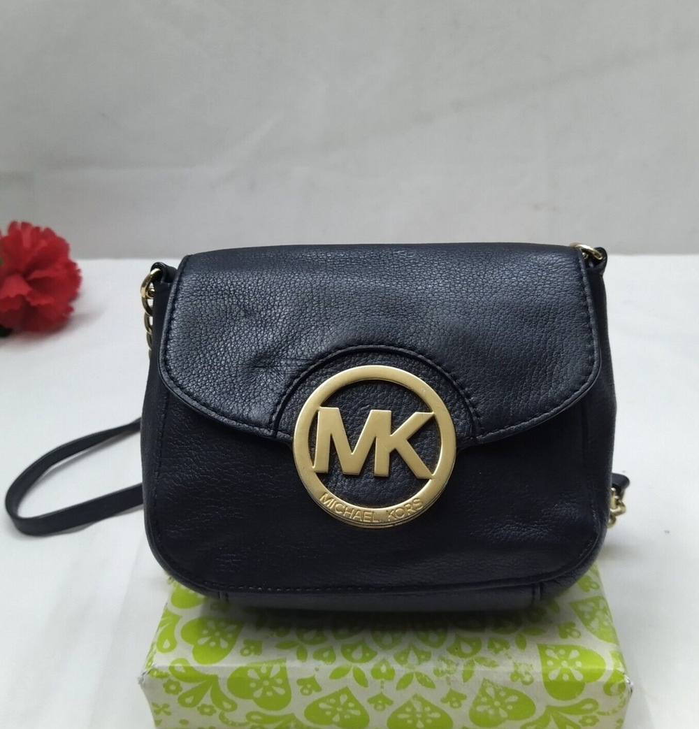 Michael Kors Black Leather Round Logo Flap Closure Small Crossbody Bag